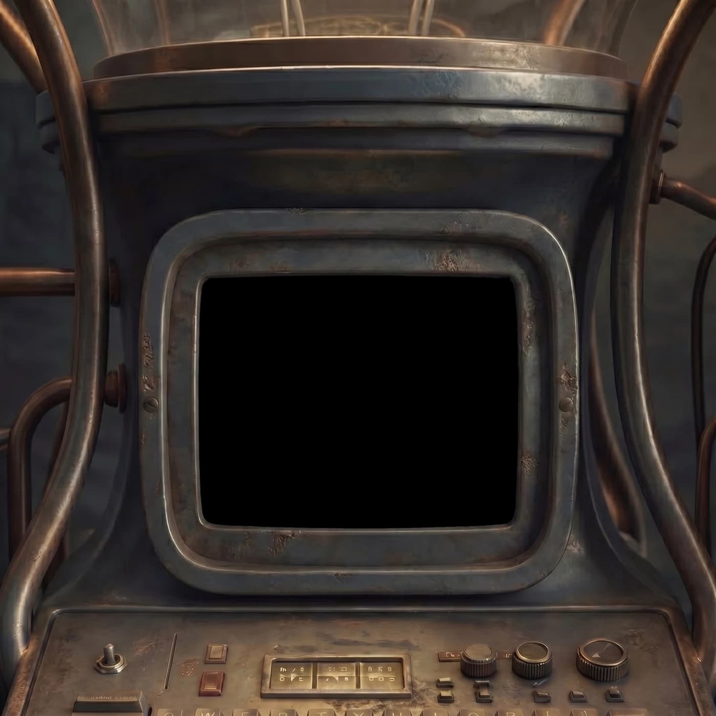 Steampunk CRT console with a flight game on the screen, click to play Lunar Lander