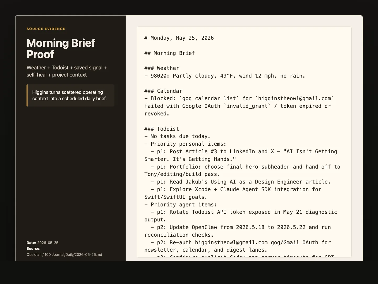 Source evidence card showing a May 25 Morning Brief with weather, calendar, Todoist, saved signal, repair status, and project context pulled into one daily note