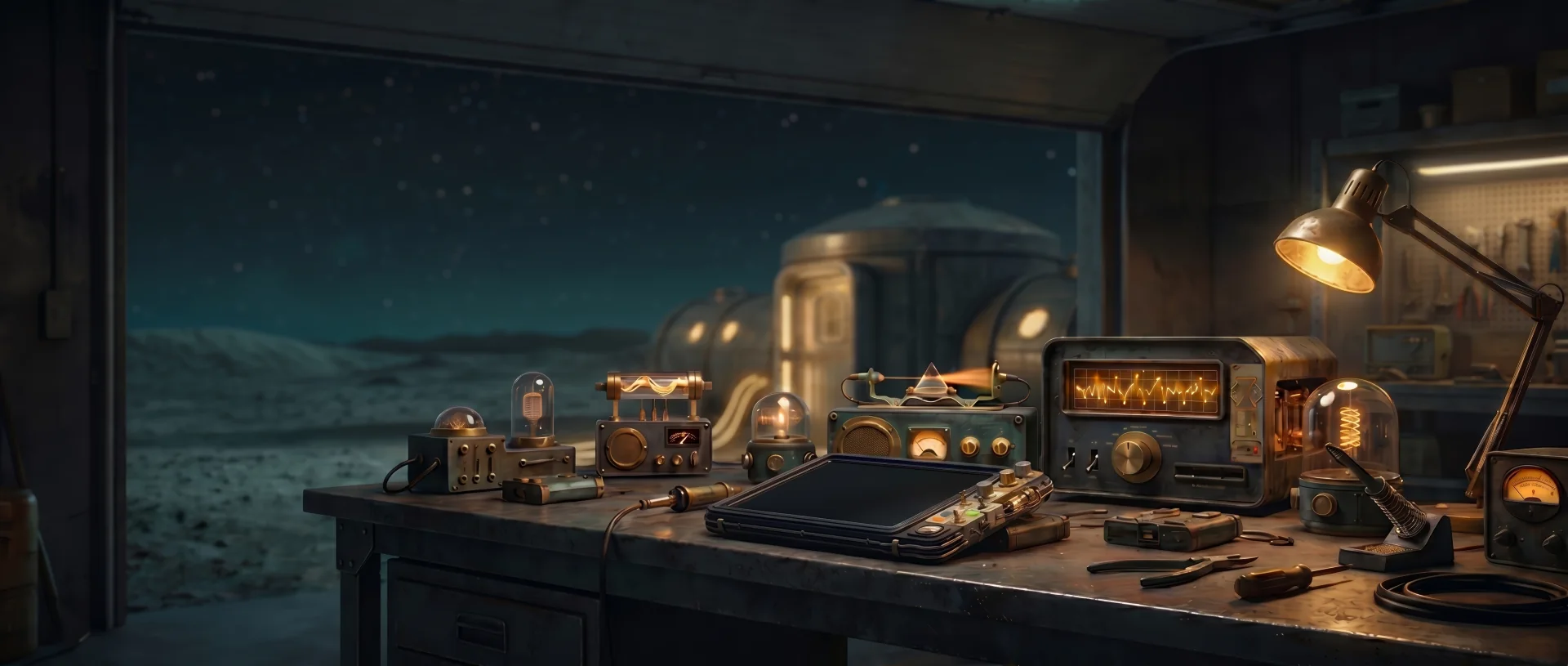 A steampunk workbench with vintage radios, an oscilloscope, and glowing vacuum tubes, overlooking a moonscape through a wide window