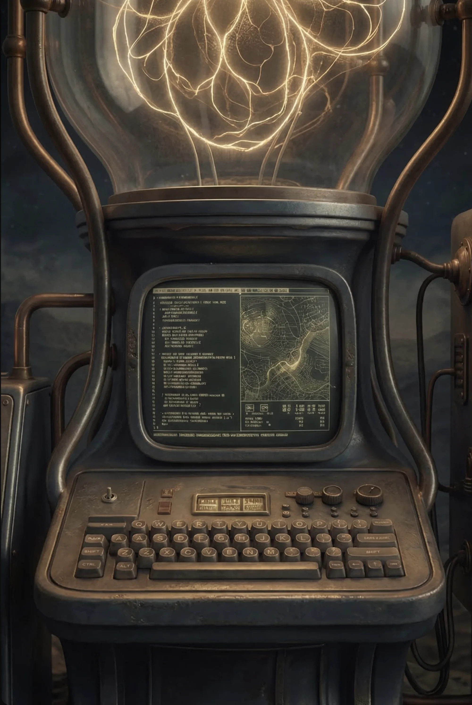 Steampunk console with a flight game on the screen — click to play Lunar Lander