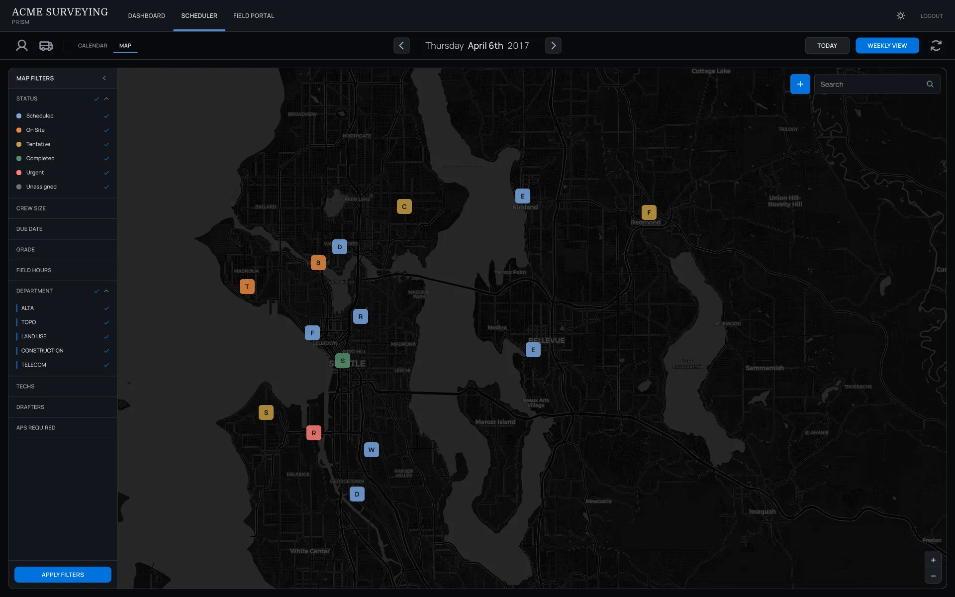 Acme Surveying map view with status-colored pins across the metro and a filter panel for status, crew size, due date, department, and technicians