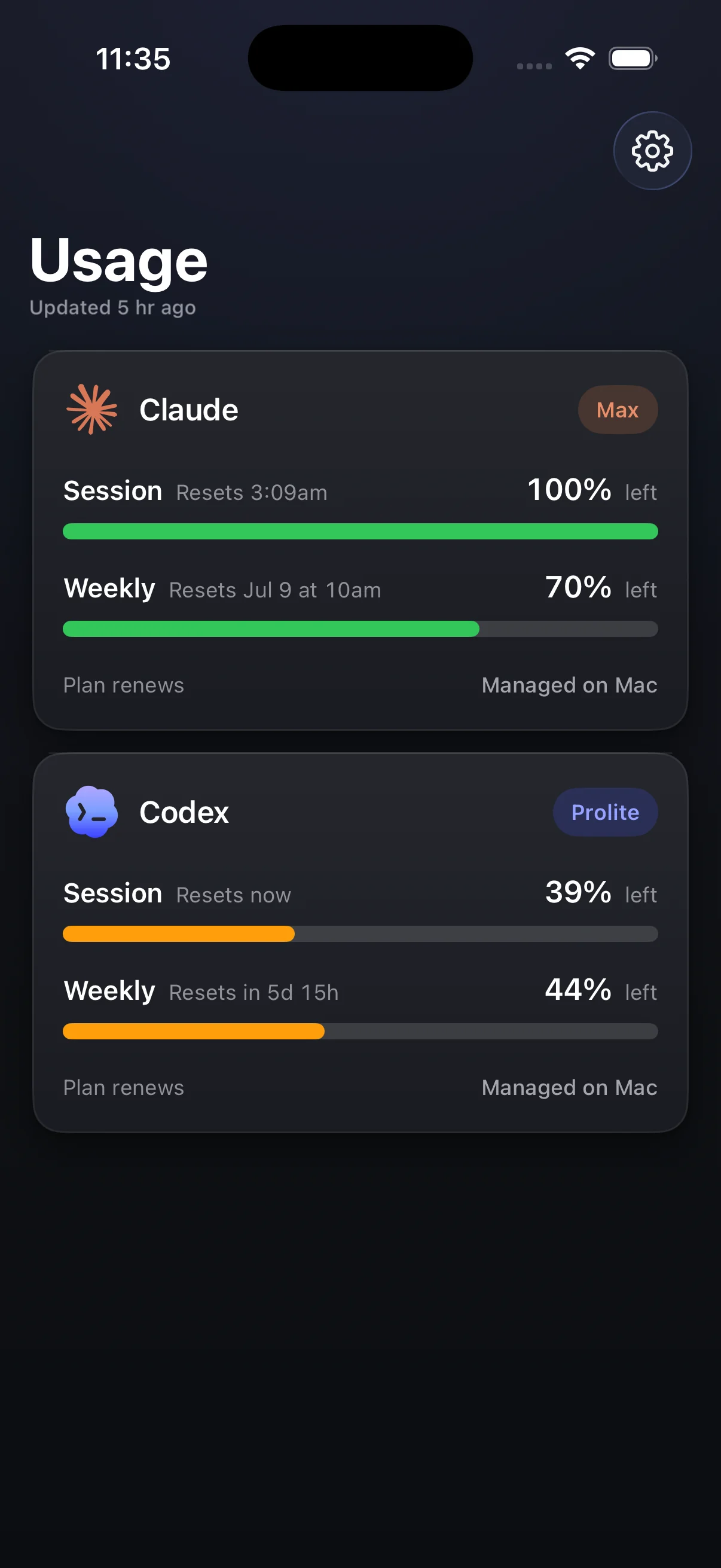 Headroom iPhone usage view showing Claude and Codex limits, reset times, and API spend