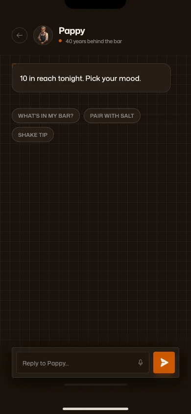 Pappy conversation UI with the bartender personality greeting the user