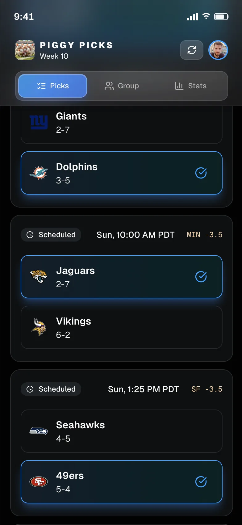 Piggy Picks mobile My Picks view showing selected picks (Dolphins, Jaguars, 49ers) highlighted across the week's games