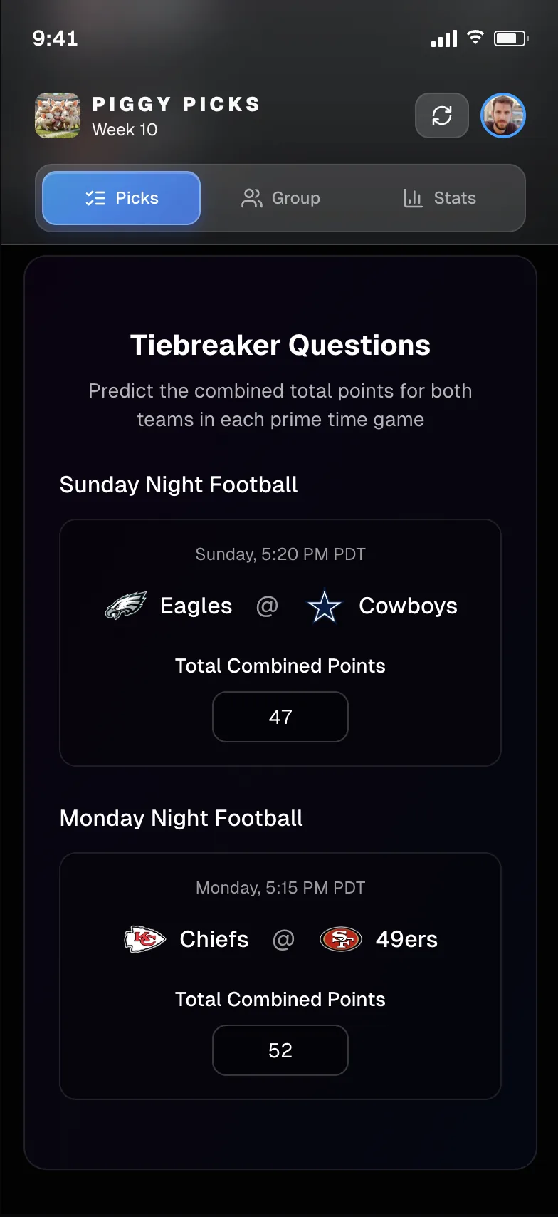 Piggy Picks tiebreaker input screen with Sunday Night Football and Monday Night Football total-points predictions